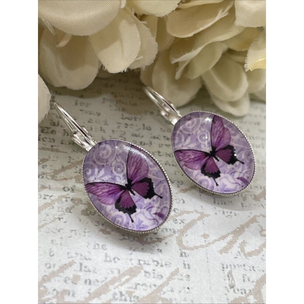 Purple Butterfly Gift FALL fancy Silver Boutique French Wire Earrings Wedding